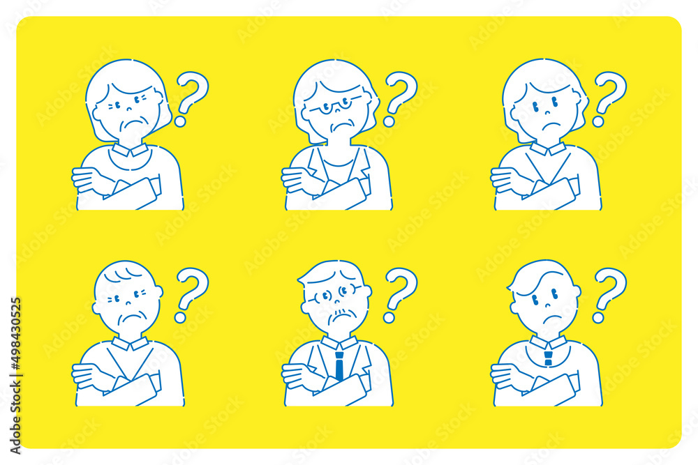 腕組みをして首をかしげているいろいろな人8　高齢者と若者　線画