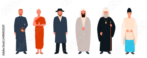 Set of different religious clerics. Religious leader or priest in traditional clothes, saint tradition, church episcopal worker, member of clergy cartoon vector illustration