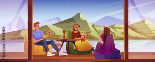 People relax on home terrace with view on lake and mountains. Friend resting on open wooden veranda sitting on chairs near table with popcorn, beer and blankets on weekend, Cartoon vector illustration