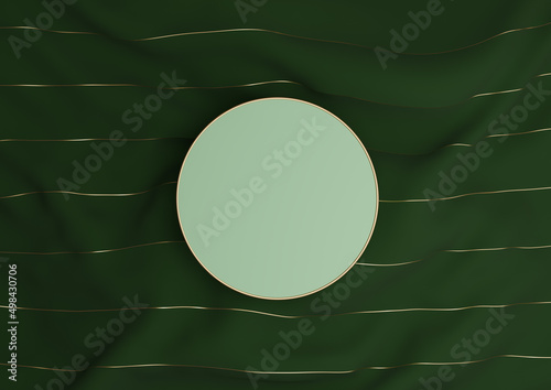 Dark  warm green 3D rendering luxury product display podium or stand on textile with golden threads simple composition top view flat lay from above