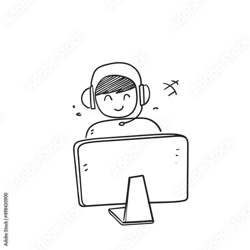 hand drawn doodle Call center icon and Support customer illustration vector