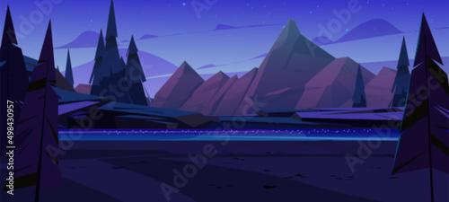 Night landscape with mountains, river and road with spruces under dark blue sky with stars reflecting in water. Scenery countryside nature, nighttime parallax background, Cartoon vector illustration