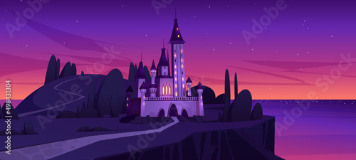 Medieval castle on island in sea after sunset. Vector cartoon illustration of summer mediterranean landscape with royal palace with towers on sea shore at evening
