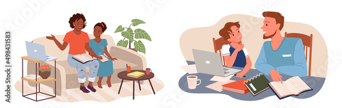 Parents teach kids set, support for children with school homework. Cartoon father and son, mother and daughter study with books or laptop at home flat vector illustration. Education, guidance concept