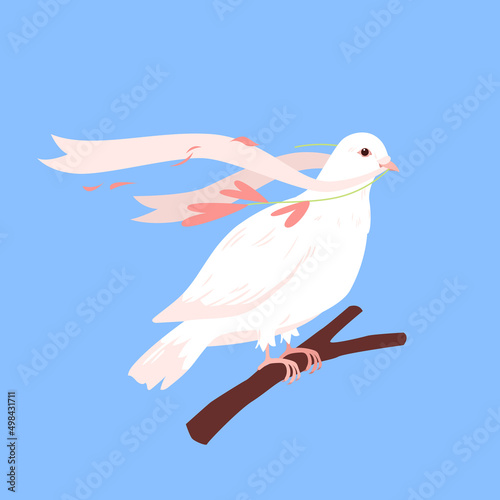 White dove sitting on branch with hearts in beak, peace world symbol vector illustration. Cartoon pigeon holding waving ribbon isolated on blue background. Stop war, international day of peace concept
