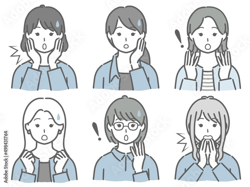 驚く若い女性の上半身セット（私服）