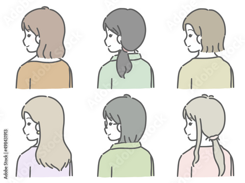 若い女性の斜め後ろ向き上半身セット（私服）