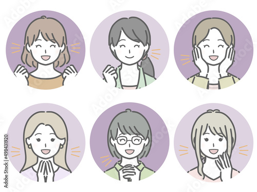 喜ぶ若い女性の丸アイコンセット（私服）