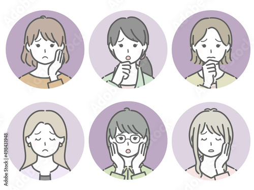 困る若い女性の丸アイコンセット（私服）