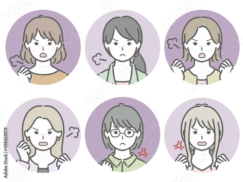 怒る若い女性の丸アイコンセット（私服）