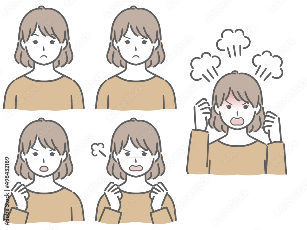 怒る表情の強弱　私服の若い女性