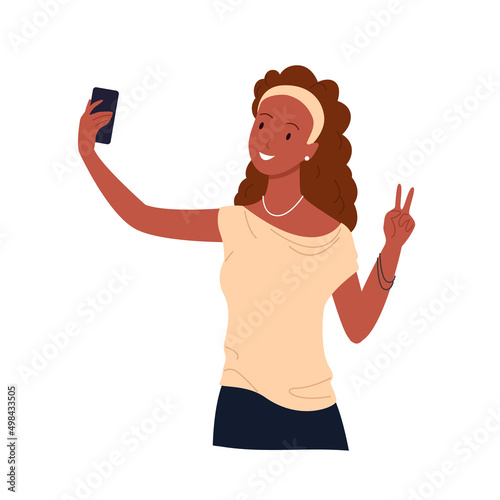 Selfie photo of girl with cute face vector illustration. Cartoon young happy student in casual clothes holding phone in hand to take picture and pose for friends in social media isolated on white