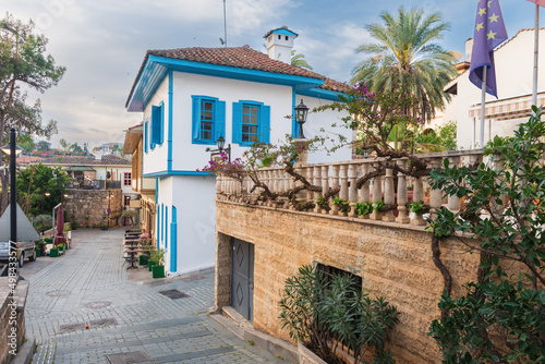 Ottoman houses on the main pedestrian street in Antalya Old Town Kaleici district, Turkey photo