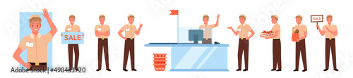 Busy male supermarket worker at work set vector illustration. Cartoon man standing at checkout cash register, salesman of retail shop or employee of grocery store working on sales isolated on white