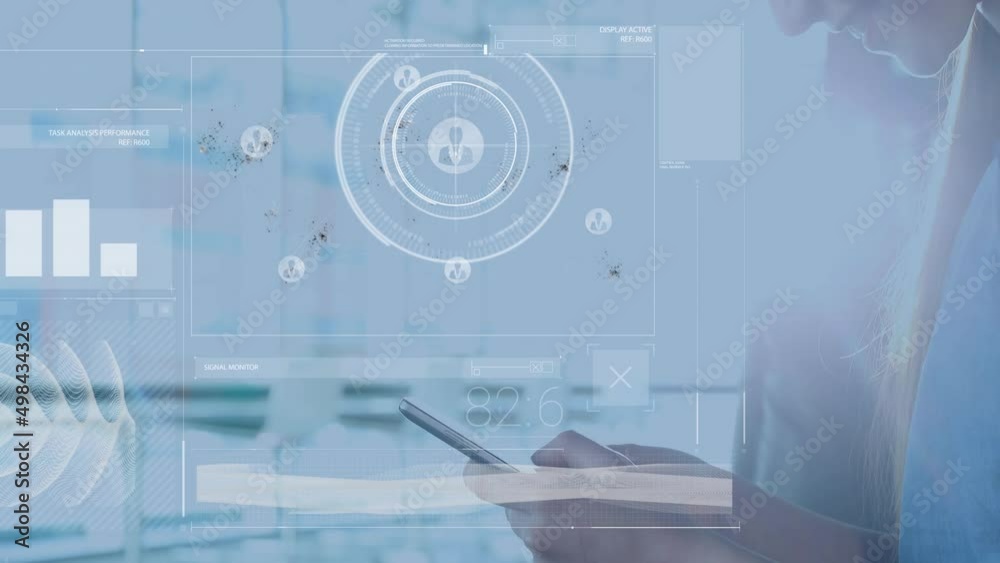 Animation of data processing over caucasian businesswoman using smartphone
