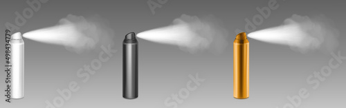 Spray deodorant bottles with clouds. Antiperspirant or hairspray aerosol cans realistic mockup design with puff smoke. Hair or body care cosmetic tube templates, Realistic 3d vector isolated mock up