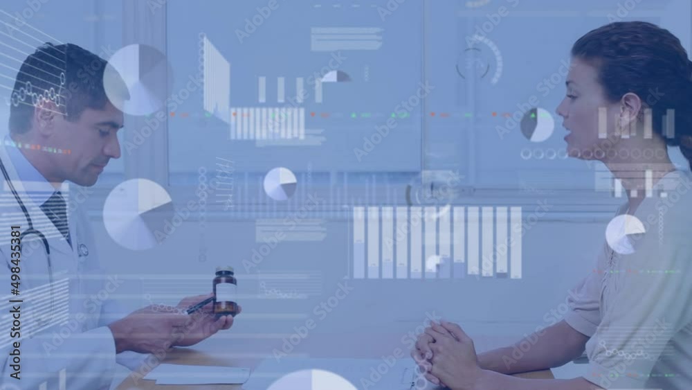Animation of scope scanning and data processing over diverse male doctor and patient Animation of scope scanning and data processing over diverse male doctor and patient