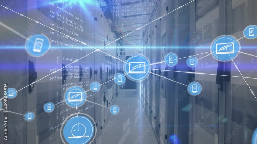 Animation of network of connections and data processing over server room Animation of network of connections and data processing over server room