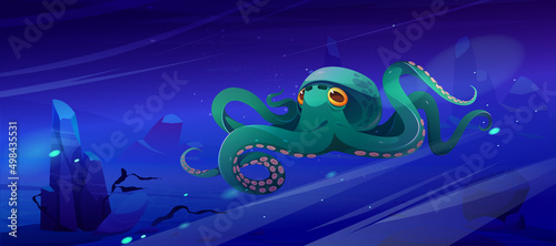 Cartoon octopus sea animal, underwater ocean creature with green skin and long tentacles crawl on ocean bottom. Water kraken, cephalopoda character with big eyes and feelers, Vector illustration