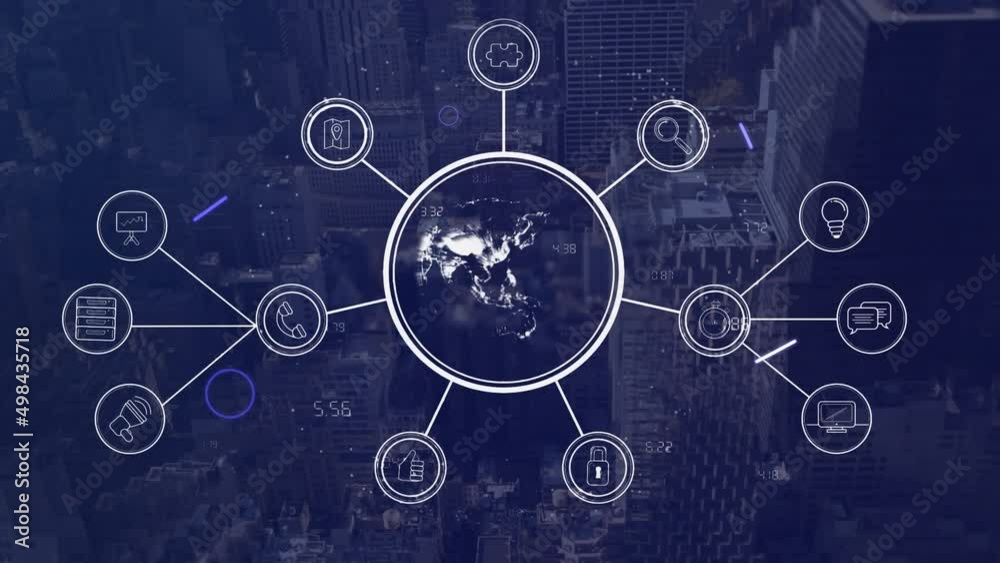 Animation of data processing with globe over cityscape Animation of data processing with globe over cityscape