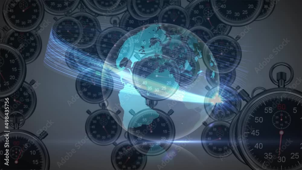 Animation of rotating globe over floating clocks Animation of rotating globe over floating clocks