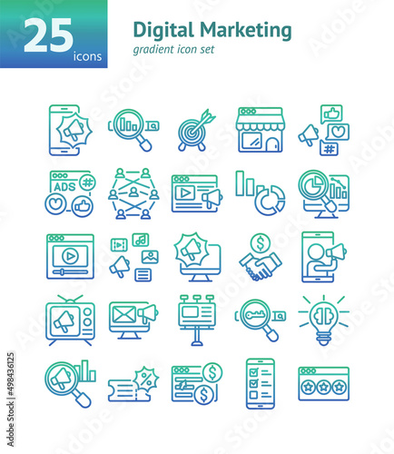 Digital Marketing gradient icon set. Vector and Illustration.
