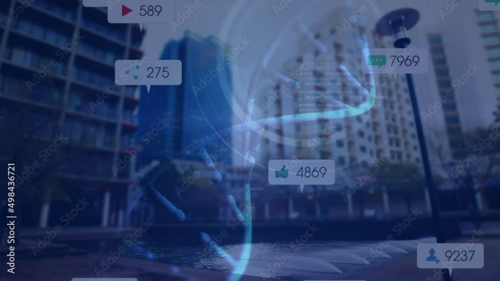 Animation of media icons and dna strand over cityscape Animation of media icons and dna strand over cityscape