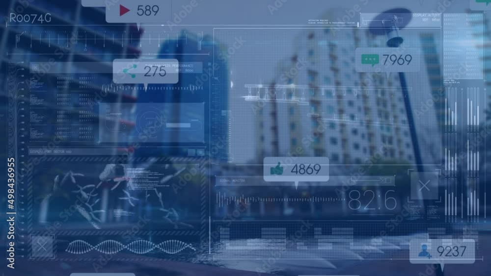 Animation of media icons and data processing over cityscape Animation of media icons and data processing over cityscape