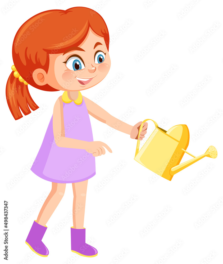 A girl in pink dress holding watering pot