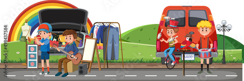 People performing music on the road