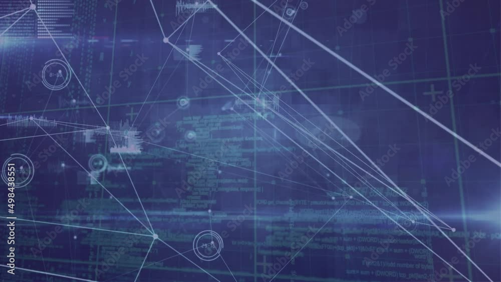 Animation of network of connections and data processing over blue background