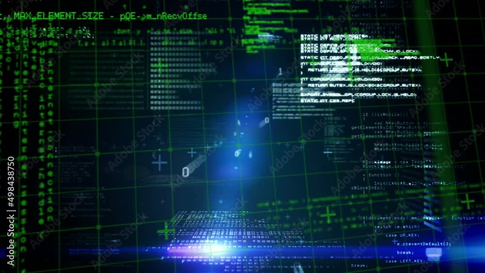 Animation of green shapes over data processing on black background Animation of green shapes over data processing on black background