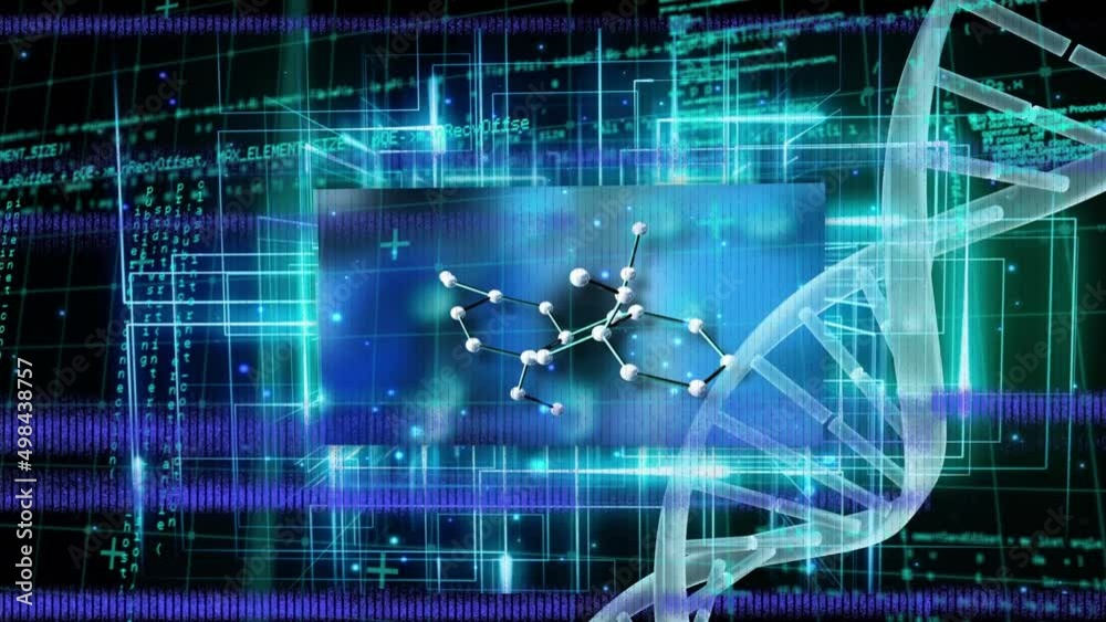 Animation of interference and dna strand over data processing shapes on black background Animation of interference and dna strand over data processing shapes on black background