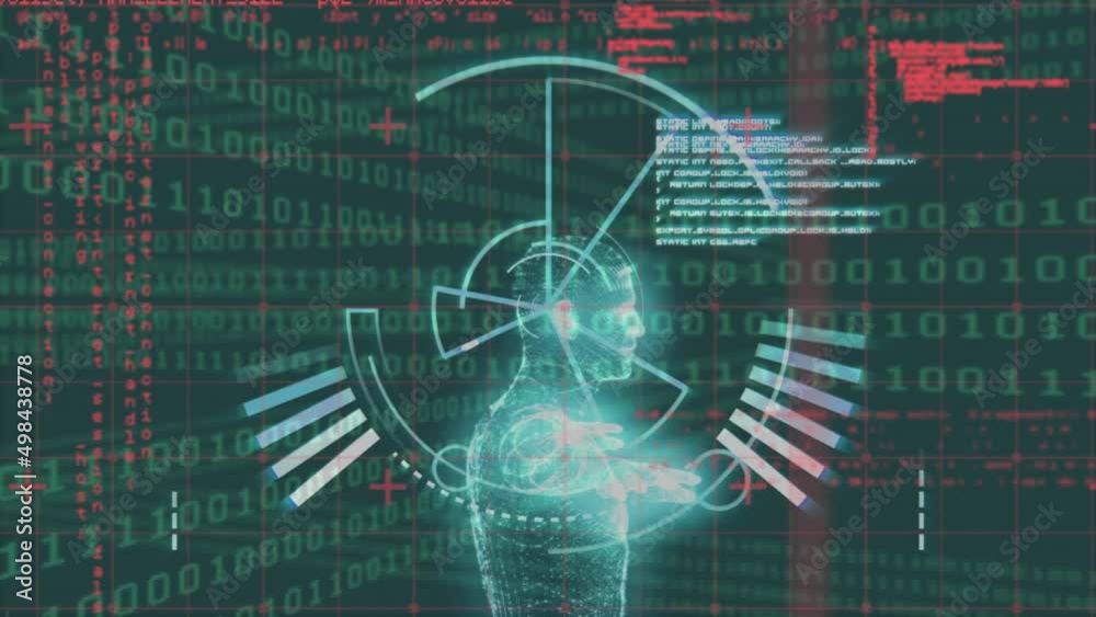 Animation of scope scanning and human model over data processing on black background Animation of scope scanning and human model over data processing on black background