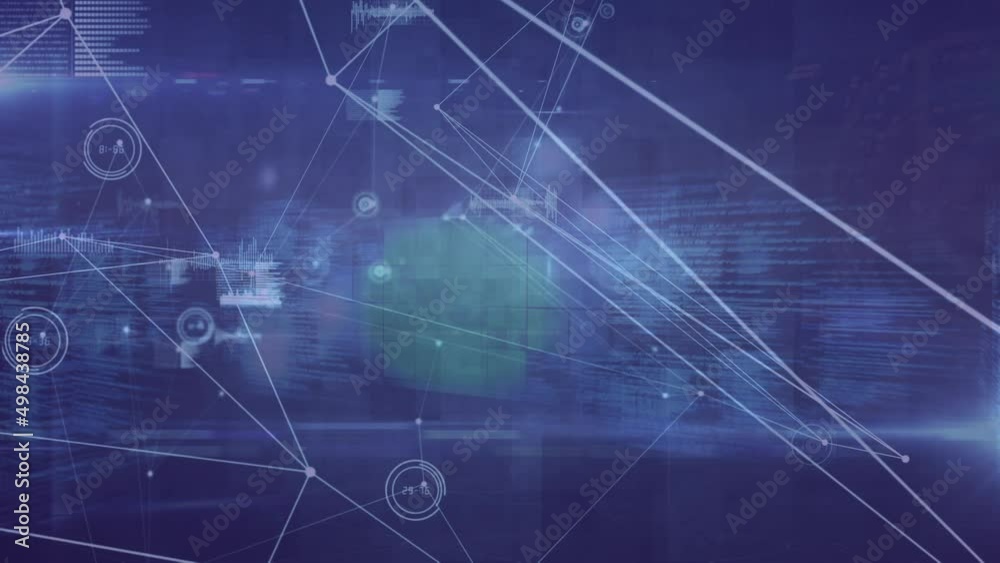 Animation of network of connections and data processing over blue background Animation of network of connections and data processing over blue background