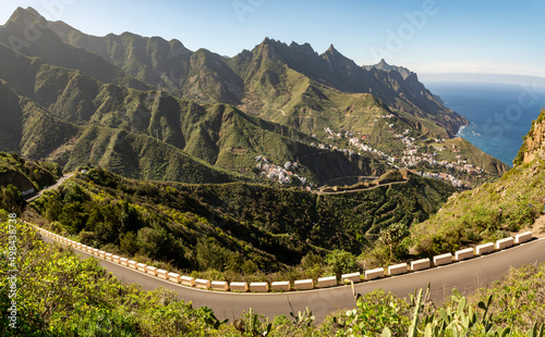Driving on narrow road in Anaga national park near Tanagana village, North of Tenerife, Canary islands, Spain photo