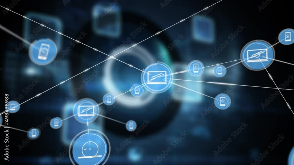 Animation of network of connections with icons over shapes on black background Animation of network of connections with icons over shapes on black background