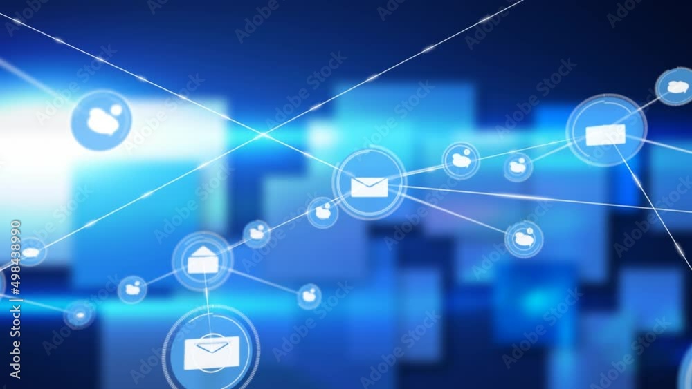 Animation of network of connections with icons over shapes on blue background Animation of network of connections with icons over shapes on blue background