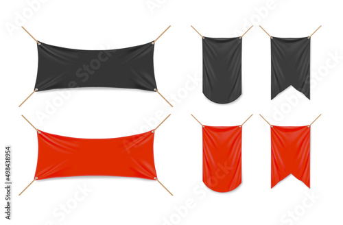 Vinyl banners 3d vector mockup, black and red flags. Fabric canvas, signboards hanging on golden ropes, rectangle vertical or horizontal empty awnings for street advertising, Realistic illustration
