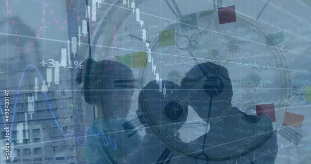 Animation of financial data processing and clock over diverse group of business people taking notes Animation of financial data processing and clock over diverse group of business people taking notes
