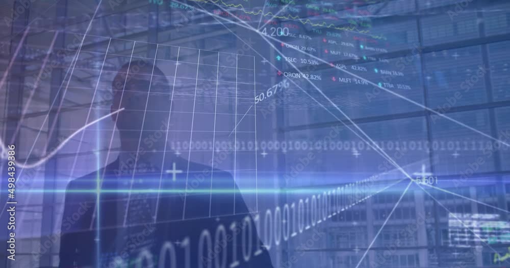 Animation of financial data processing over caucasian businessman with luggage walking Animation of financial data processing over caucasian businessman with luggage walking