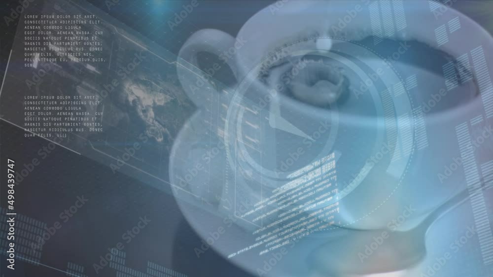 Animation of clock moving and diverse data processing over cup of coffee Animation of clock moving and diverse data processing over cup of coffee