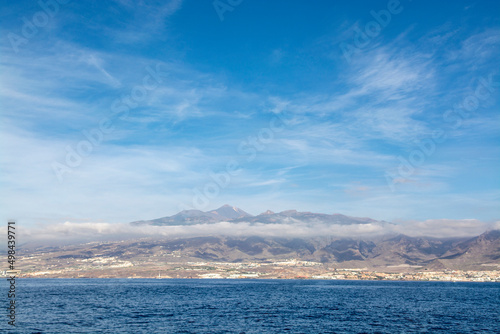 View on resorts and beaches of South coast of Tenerife island during sail boat trip along coastline  Canary islands  Spain