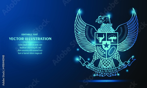 garuda pancasila indonesia glow on a dark blue background of the space with shining stars.