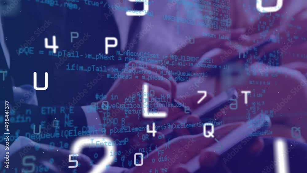 Animation of numbers and letters over data processing and hands using smartphones Animation of numbers and letters over data processing and hands using smartphones