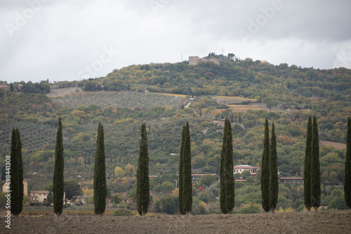View on hills of Tuscany, Italy. Tuscan landscape with cypress trees and ploughed fields in autumn.