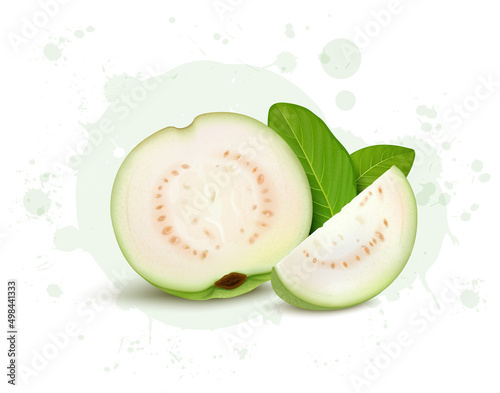 Half piece of guava vector illustration with guava slices and green leaves