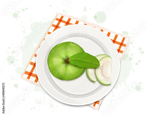 Guava fruit vector illustration from the top view with guava slices
