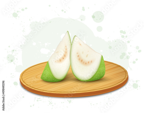 Guava fruit slices vector illustration on round chopping board