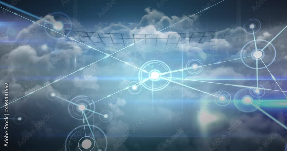 Animation of network of connections over clouds and sports stadium Animation of network of connections over clouds and sports stadium